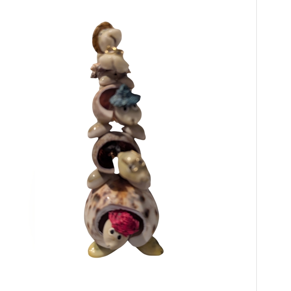 Vintage Shell Art 5 Stacked Turtles Bobble Heads Straw Hats with Glasses